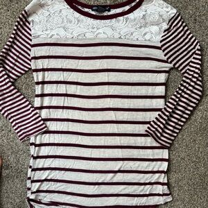 American Dream Burgundy and White Striped Lace Long Sleeve Top